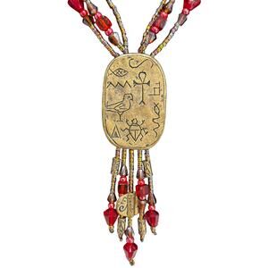 Chico’s unique beaded multistrand pendant necklace tassels red & goldtone